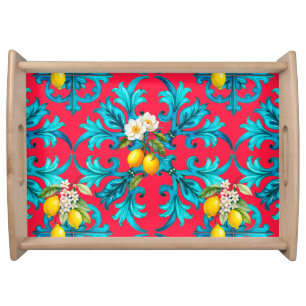 Sicilian,summer,lemon,mosaic,pink, Serving Tray