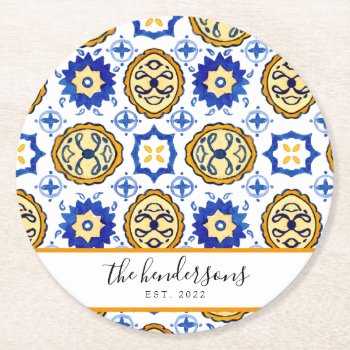 Sicilian Summer Lemons Mediterranean Tile Round Paper Coaster by autumnandpine at Zazzle