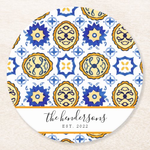 Sicilian Summer Lemons Mediterranean Tile Round Paper Coaster