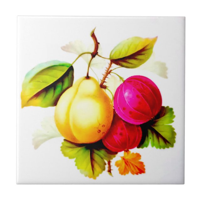 Sicilian Summer Spring Pear and Plum Fruits Ceramic Tile (Front)