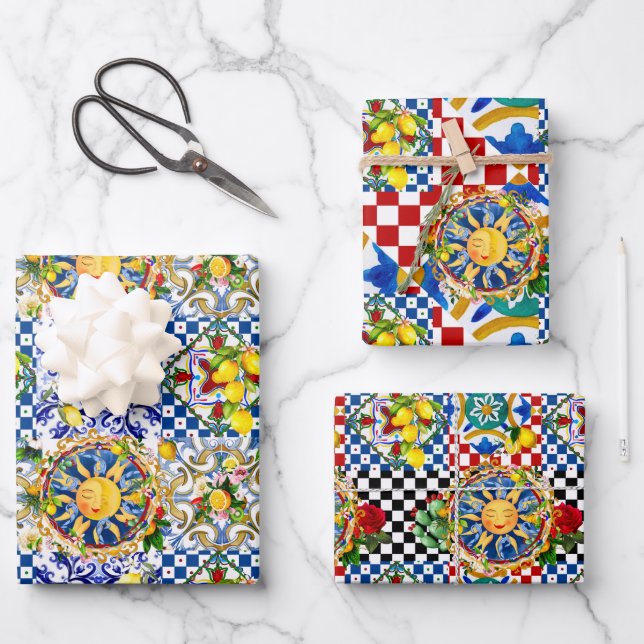 Sicilian sun,half moon,lemon,mediterranean tiles, wrapping paper sheets (Front)