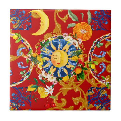 Sicilian sunhalf moonsummermajolicalemon art ceramic tile