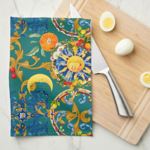Sicilian sun,half moon,summer,majolica,lemon art, kitchen towel