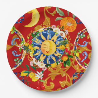 Sicilian sun,half moon,summer,majolica,lemon art, paper plates