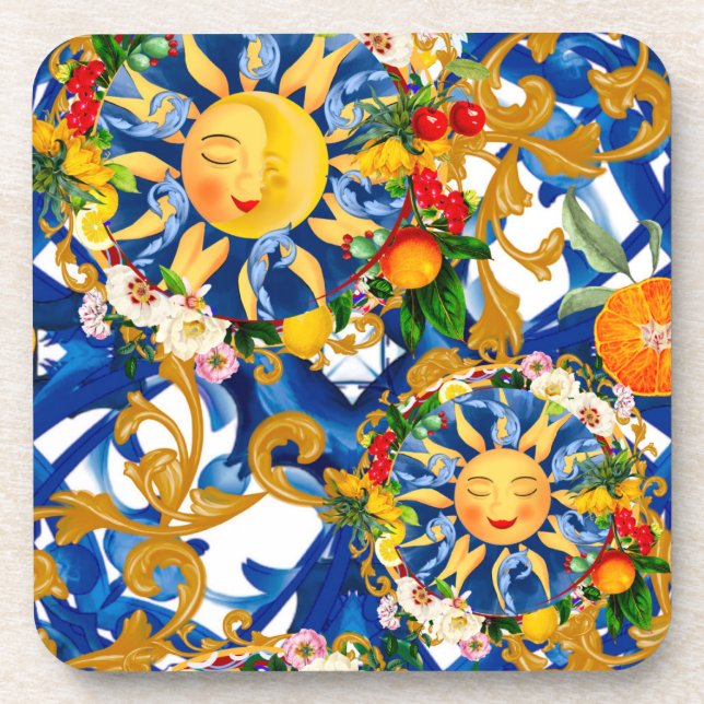 Sicilian sun,half moon,summer,majolica,lemon, beverage coaster (Front)