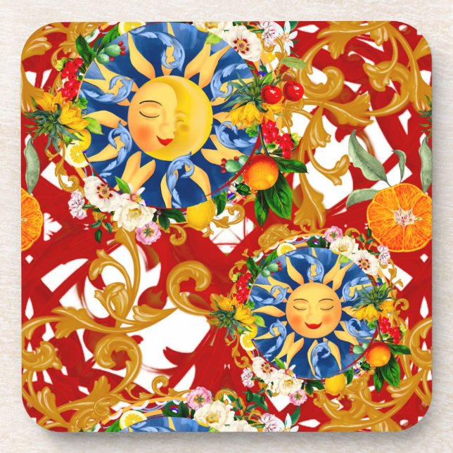 Sicilian sun,half moon,summer,majolica,lemon, beverage coaster (Front)