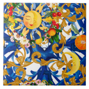 Sicilian sun,half moon,summer,majolica,lemon, ceramic tile
