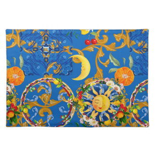 Sicilian sun,half moon,summer,majolica,lemon, cloth placemat