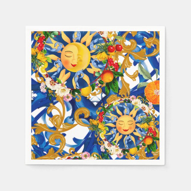 Sicilian sun,half moon,summer,majolica,lemon, napkins (Front)