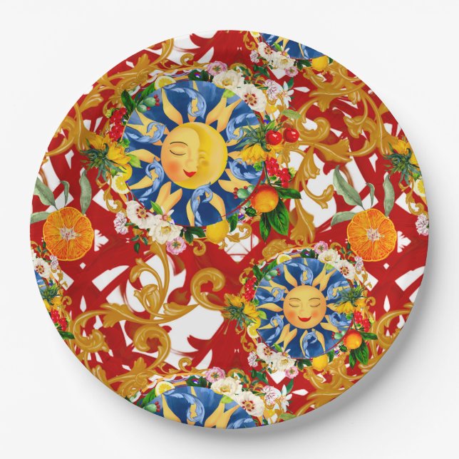 Sicilian sun,half moon,summer,majolica,lemon, paper plates (Front)