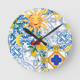 Sicilian sun,lemon,majolica,Table Runner Round Clock