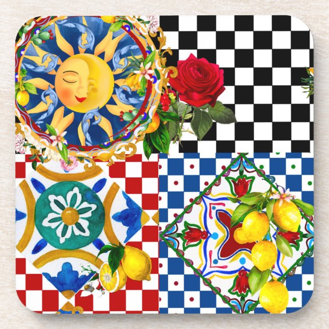 Sicilian sun,lemon,mediterranean tiles, beverage coaster (Front)