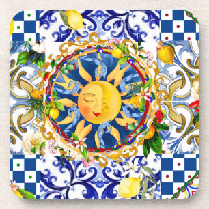 Sicilian sun,lemon,mediterranean tiles, beverage coaster