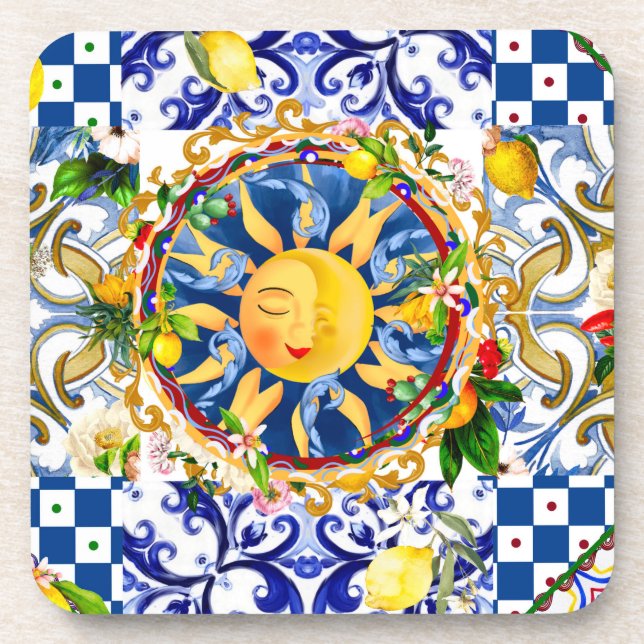 Sicilian sun,lemon,mediterranean tiles, beverage coaster (Front)
