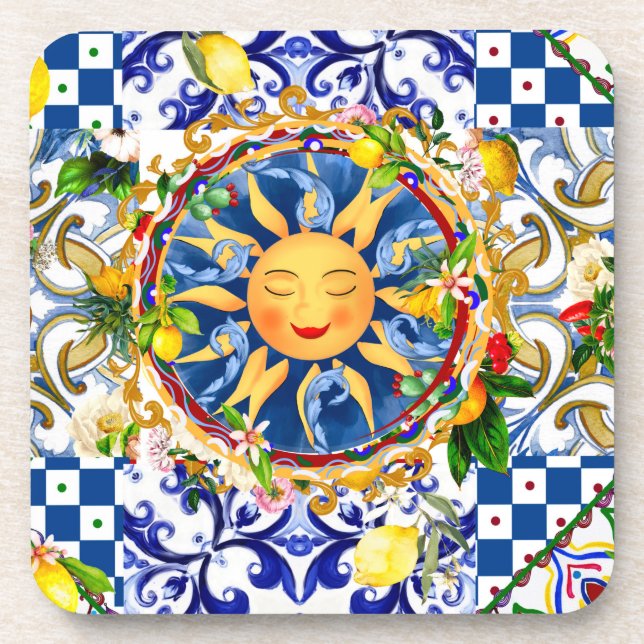 Sicilian sun,lemon,mediterranean tiles, beverage coaster (Front)