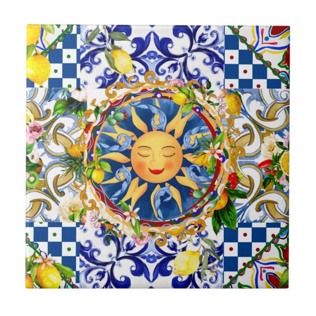 Sicilian sun,lemon,mediterranean tiles, ceramic tile (Front)