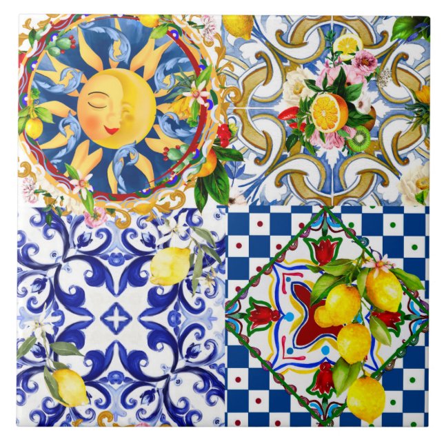 Sicilian sun,lemon,mediterranean tiles, ceramic tile (Front)