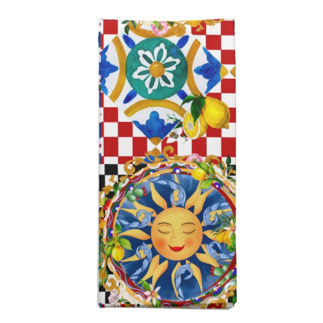 Sicilian sun,lemon,mediterranean tiles, cloth napkin (Folded)