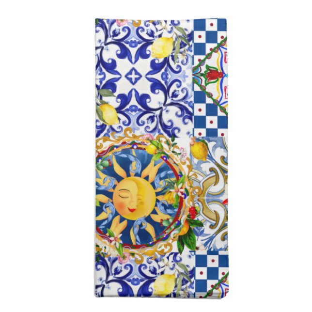 Sicilian sun,lemon,mediterranean tiles, cloth napkin (Folded)