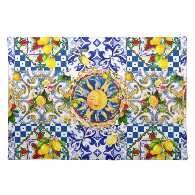 Sicilian sun,lemon,mediterranean tiles, cloth placemat (Front)