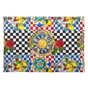 Sicilian sun,lemon,mediterranean tiles, cloth placemat