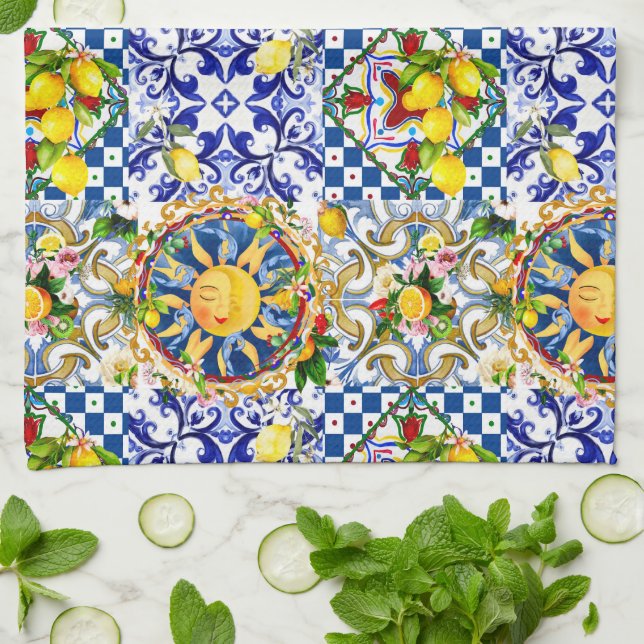 Sicilian sun,lemon,mediterranean tiles, kitchen towel (Folded)