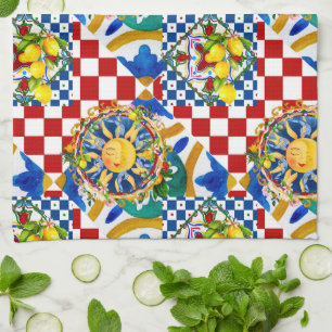 Sicilian sun,lemon,mediterranean tiles, kitchen towel