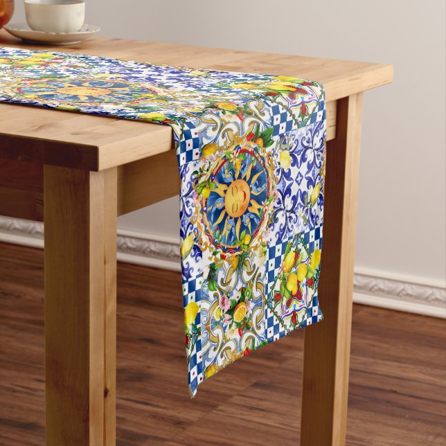 Sicilian sun,lemon,mediterranean tiles, medium table runner (In Situ)