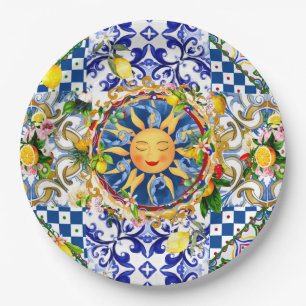 Sicilian sun,lemon,mediterranean tiles, paper plates