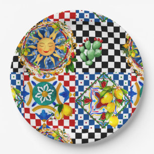 Sicilian sun,lemon,mediterranean tiles, paper plates