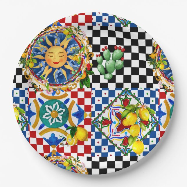 Sicilian sun,lemon,mediterranean tiles, paper plates (Front)