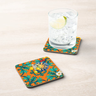 Sicilian sun,summer,lemon,mosaic,blue, beverage coaster