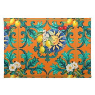 Sicilian sun,summer,lemon,mosaic,blue, cloth placemat