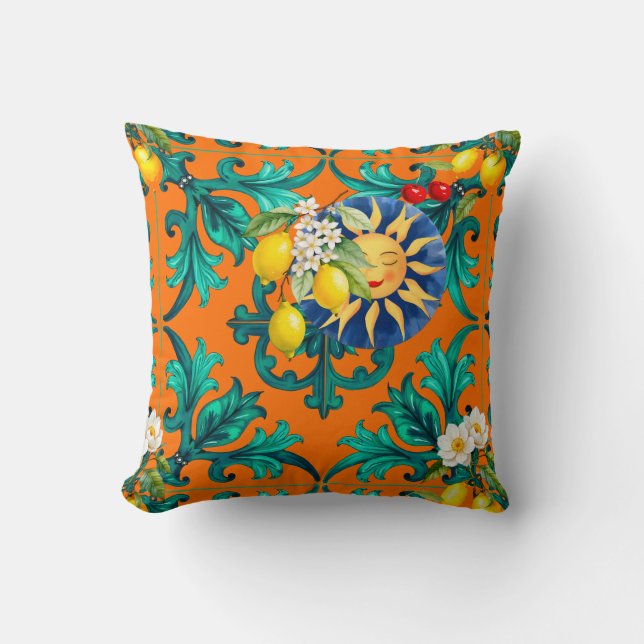 Sicilian sun,summer,lemon,mosaic,blue, throw pillow (Front)