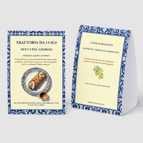 Sicilian Tile Cannoli Dessert Menu Paper Table Tent