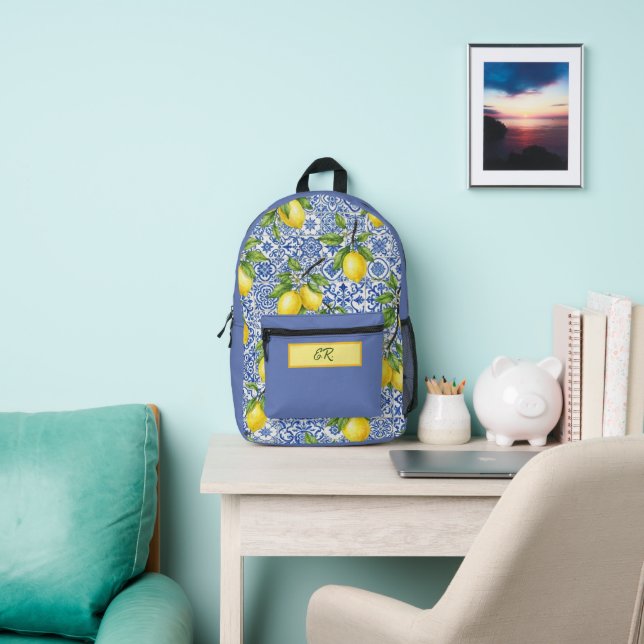 Sicilian Tile & Lemon Personalized Back to School Printed Backpack (Insitu)