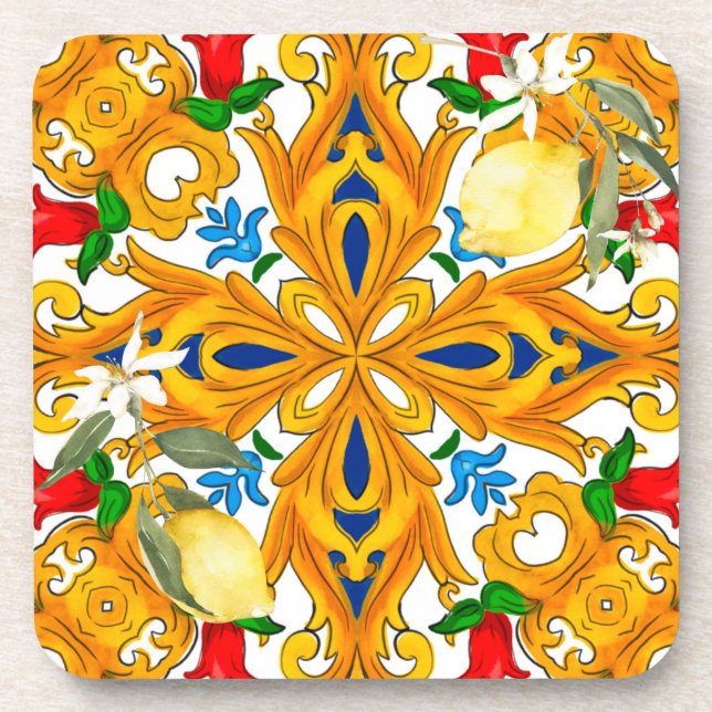 Sicilian tiles,majolica,lemon,Ceramic Tile Beverage Coaster (Front)