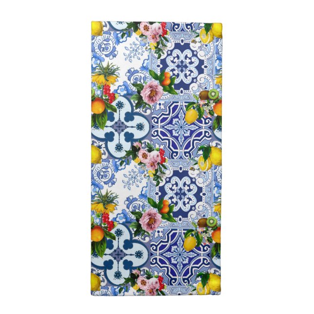 Sicilian tiles,majolica ,lemons,citrus   cloth napkin (Half Fold)