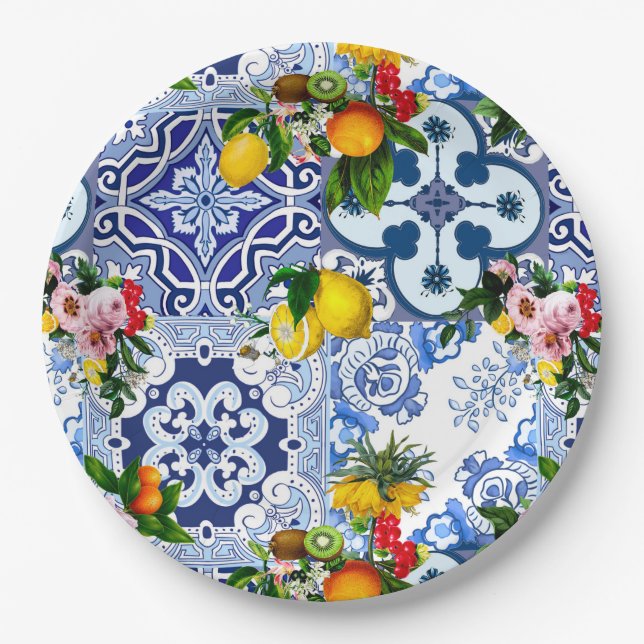 Sicilian tiles,majolica ,lemons,citrus paper plates (Front)