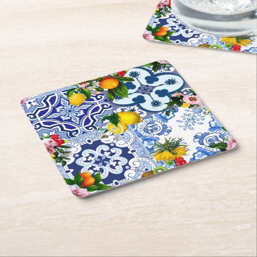 Sicilian tilesmajolica lemonscitrus  tile square paper coaster