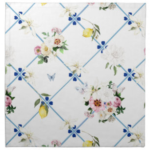 Sicilian tiles,mosaic,flowers,lemon, cloth napkin