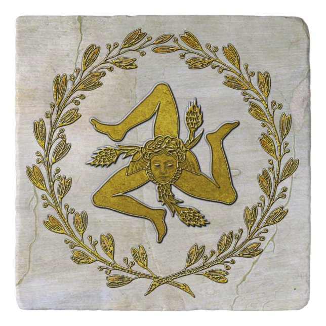 Sicilian Trinacria and Olive Wreath Ceramic Tile Trivet (Front)