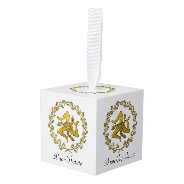 Sicilian Trinacria and Wreath Cube Ornament (Front Angled)