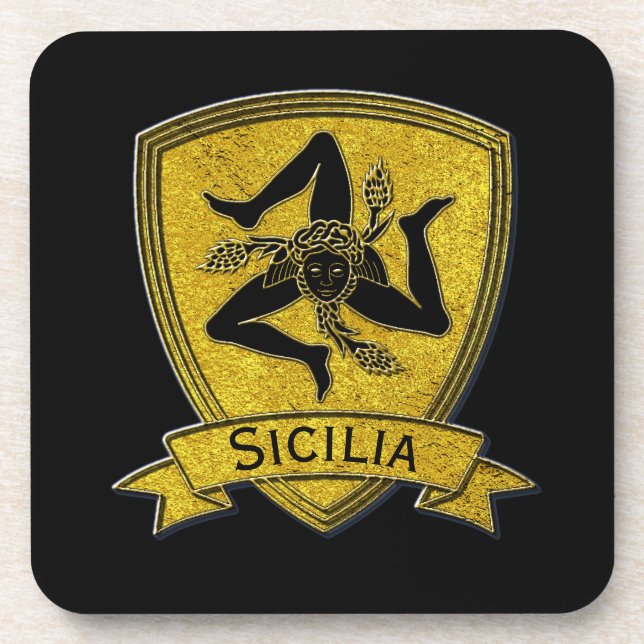 Sicilian Trinacria Black & Gold Beverage Coaster (Front)