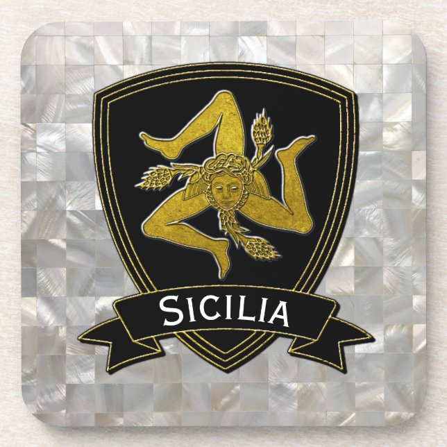 Sicilian Trinacria Black Gold Mother of Pearl Drink Coaster (Front)