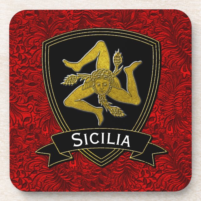 Sicilian Trinacria Black Gold Red Foil Drink Coaster (Front)