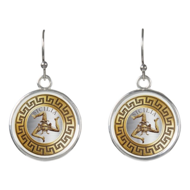 Sicilian Trinacria Gold and Silver Charm  Earrings (Front)