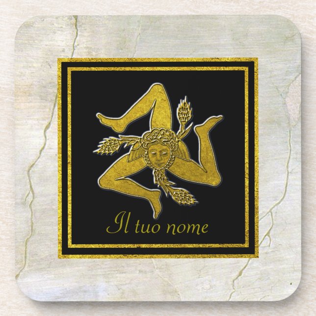 Sicilian Trinacria Gold on Fresco Your Name Coaster (Front)