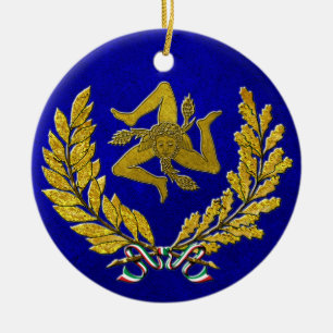 Sicilian Trinacria Heirloom in Gold on Blue Ceramic Ornament