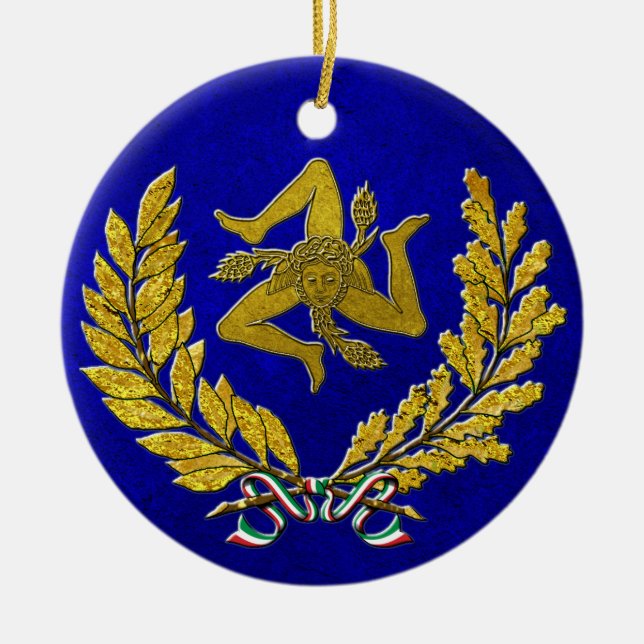 Sicilian Trinacria Heirloom in Gold on Blue Ceramic Ornament (Front)